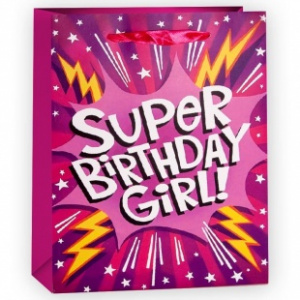 Пакет подарочный, Супер День Рождения (для девочки), Розовый, с блестками