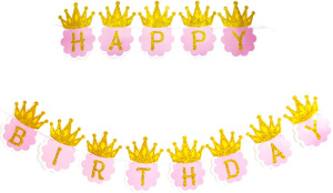картинка Гирлянда-буквы, Happy Birthday, Золотые короны, Розовый, 180 см от магазина Шар-Хан